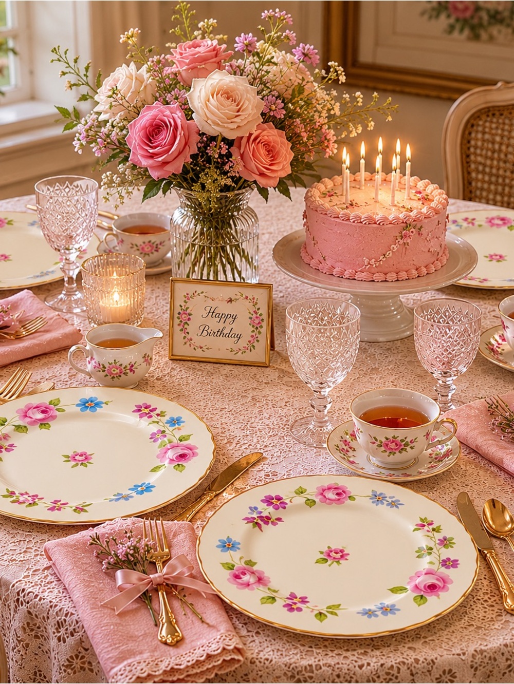 Vintage 4 pc set EB Foley 1850 Rose Forget-me-not scalloped Gold Rim Victorian